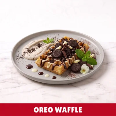 Crushed Oreo Cookies and Chocolate Drizzled Waffle at Cheam Peri Peri